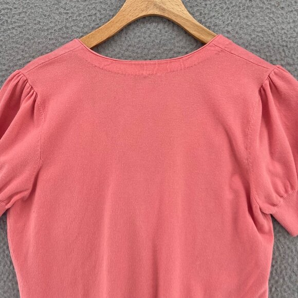 LOFT Sweater Womens Medium Pink Rose Detail Cardigan Short Puff Sleeve Button Up - Picture 4 of 9